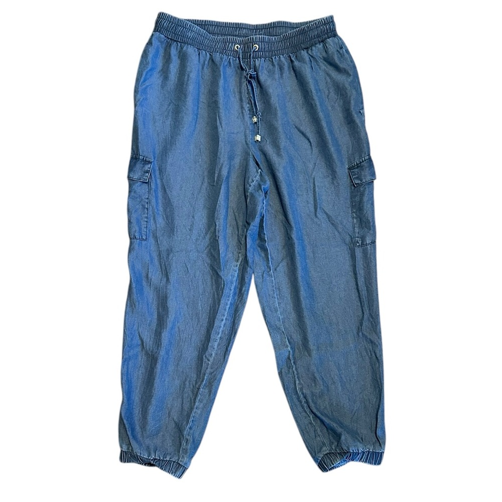 NINE WEST high rise chambray pull on elastic waist cargo jogger pants sz Large
